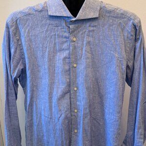 Isaac Mizrahi NY Slim Fit Shirt Mens 15 32/33 Blue Linen Cotton Button Down